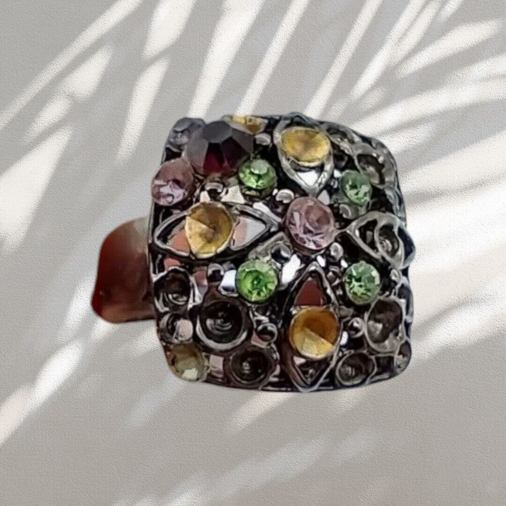 Faceted Multi Rhinestone Square Chunky Stainless Steel Vintage Ring Size 8